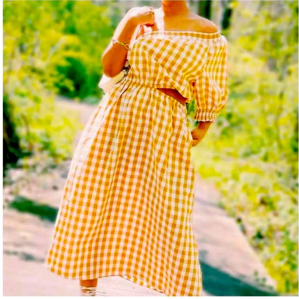 NWT 3X 27”-30” P2P One Shoulder, Side Cut Out Gingham Maxi Dress w/ Puff Sleeve